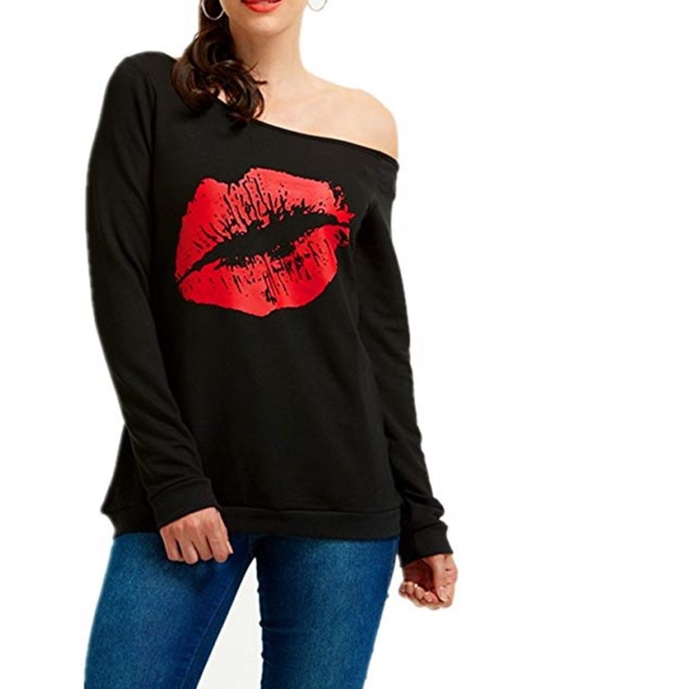 Beautiful woman sweatshirt lips ๐ print loose - Picture 1 of 8